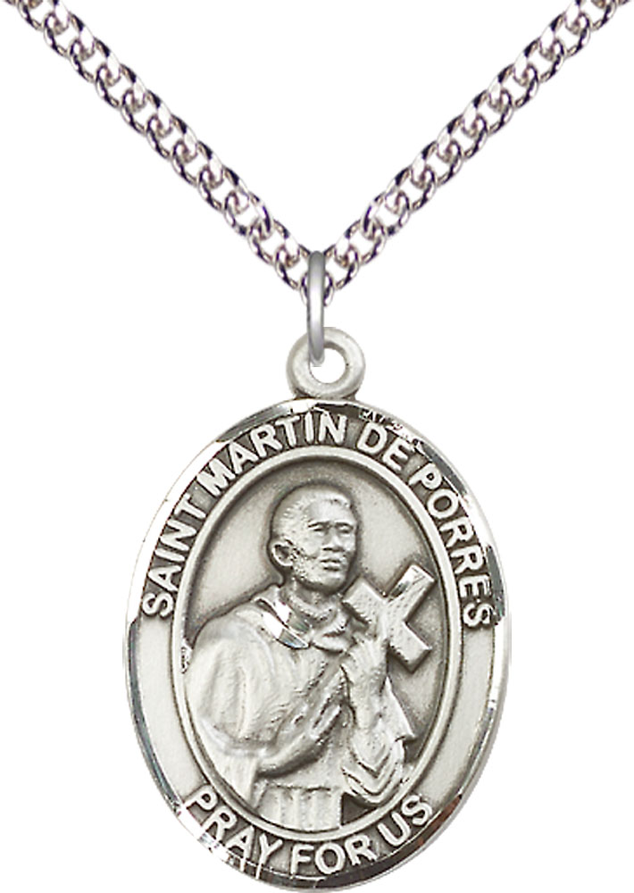 Sterling Silver Saint Martin de Porres Pendant on a 24 inch Sterling Silver Heavy Curb chain