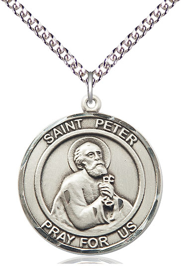 Sterling Silver Saint Peter the Apostle Pendant on a 24 inch Sterling Silver Heavy Curb chain