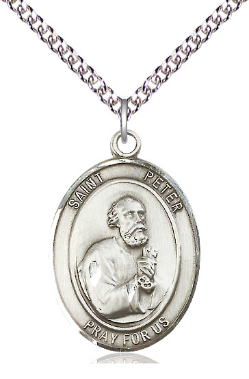 Sterling Silver Saint Peter the Apostle Pendant on a 24 inch Sterling Silver Heavy Curb chain