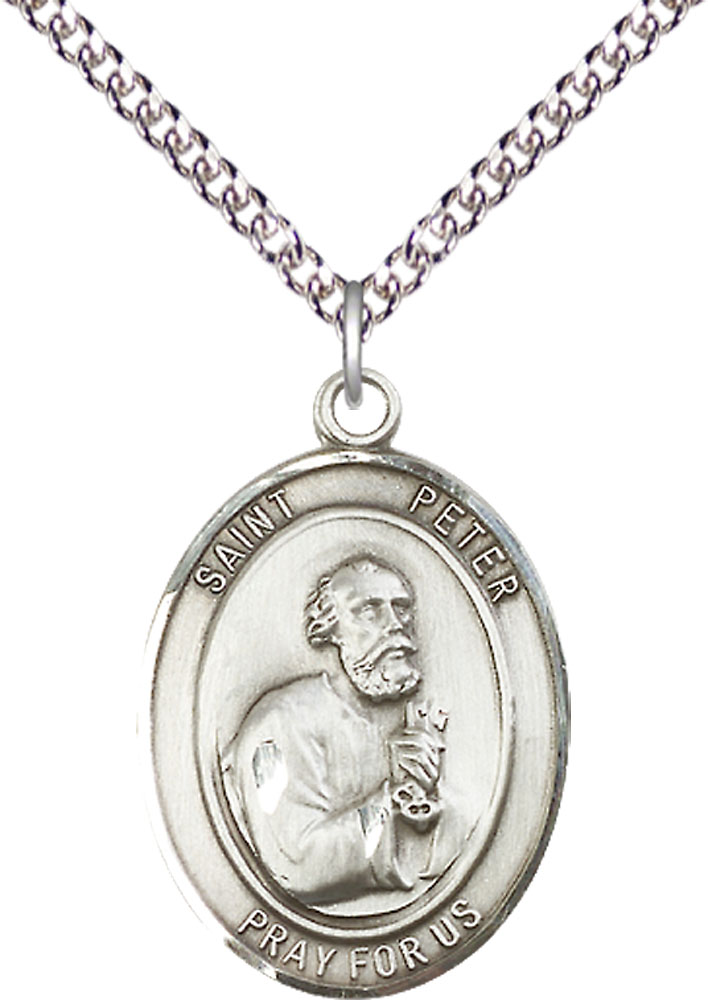 Sterling Silver Saint Peter the Apostle Pendant on a 24 inch Sterling Silver Heavy Curb chain