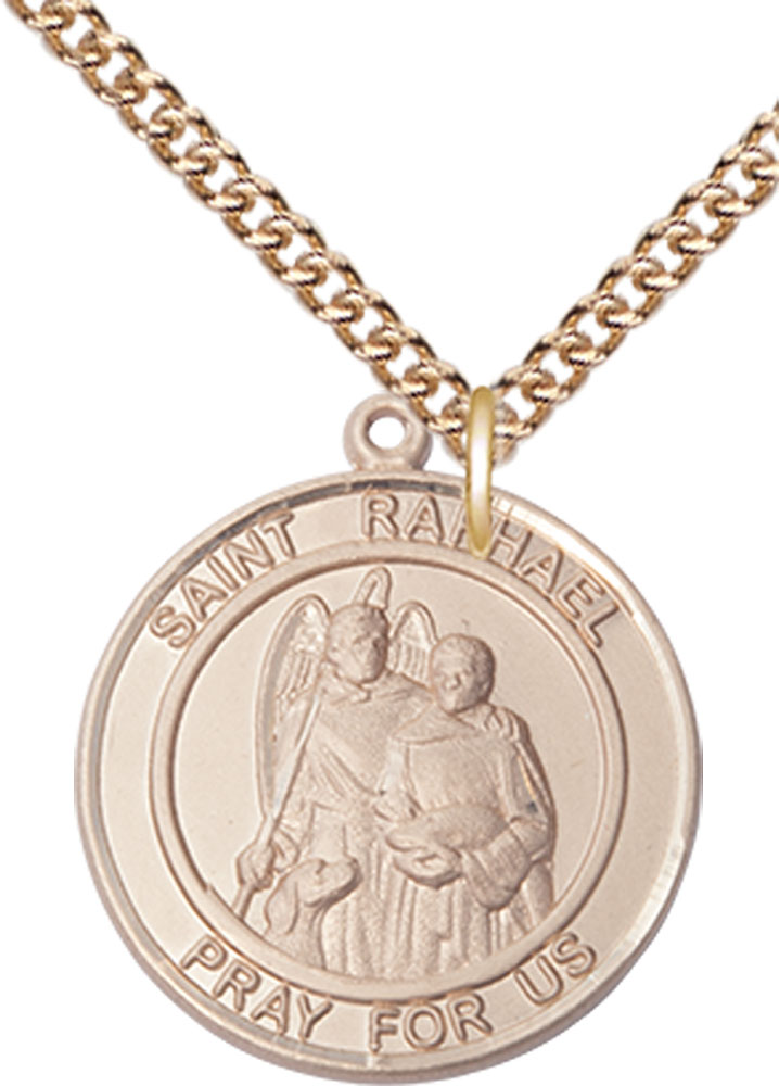 14kt Gold Filled Saint Raphael the Archangel Pendant on a 24 inch Gold Filled Heavy Curb chain