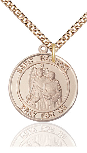 14kt Gold Filled Saint Raphael the Archangel Pendant on a 24 inch Gold Filled Heavy Curb chain