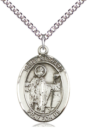 Sterling Silver Saint Richard Pendant on a 24 inch Sterling Silver Heavy Curb chain