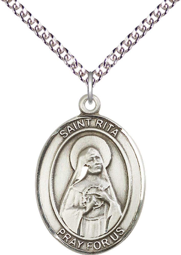 Sterling Silver Saint Rita of Cascia Pendant on a 24 inch Sterling Silver Heavy Curb chain