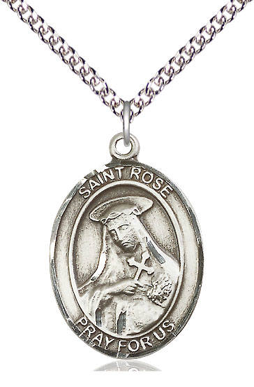 Sterling Silver Saint Rose of Lima Pendant on a 24 inch Sterling Silver Heavy Curb chain