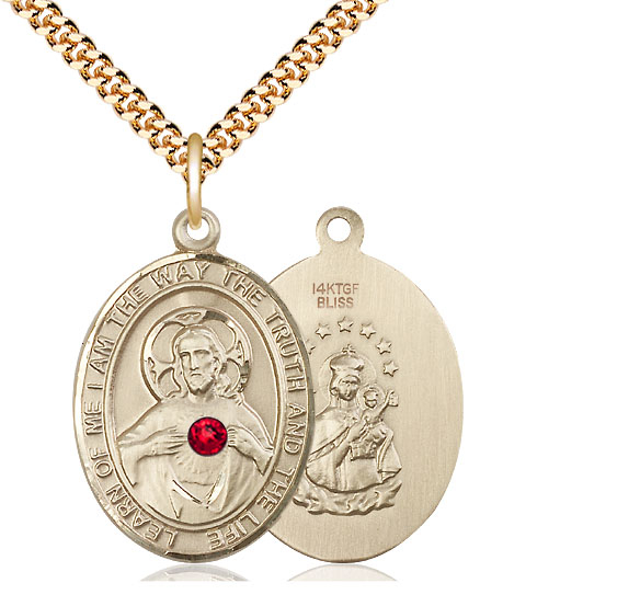14kt Gold Filled Scapular - Ruby Stone Pendant with a 3mm Ruby Swarovski stone on a 24 inch Gold Plate Heavy Curb chain