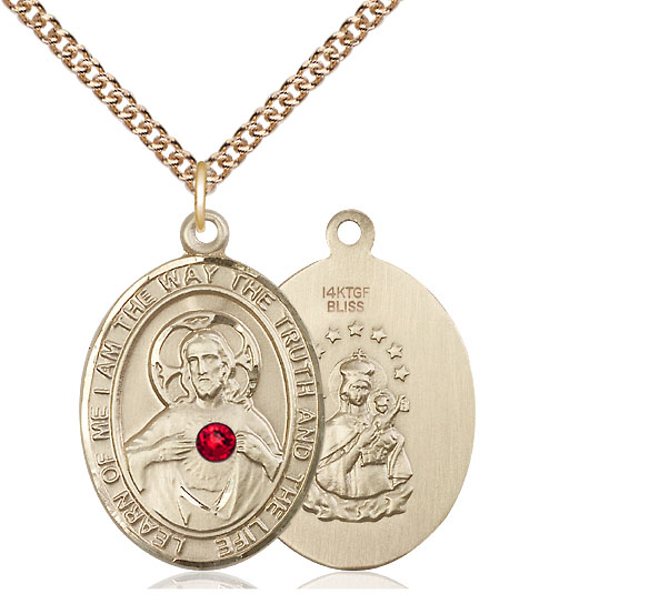 14kt Gold Filled Scapular - Ruby Stone Pendant with a 3mm Ruby Swarovski stone on a 24 inch Gold Filled Heavy Curb chain