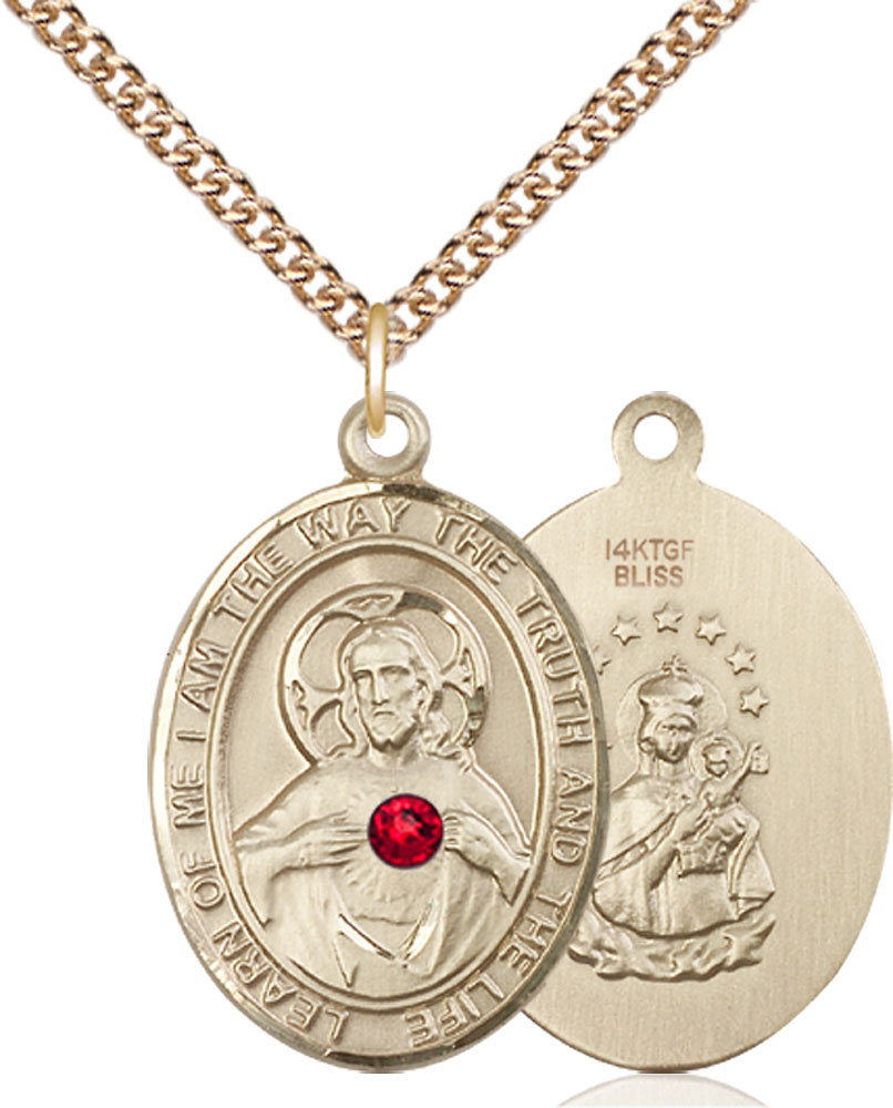 14kt Gold Filled Scapular - Ruby Stone Pendant with a 3mm Ruby Swarovski stone on a 24 inch Gold Filled Heavy Curb chain