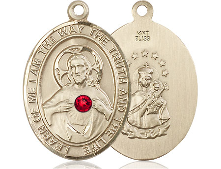 14kt Gold Scapular - Ruby Stone Medal with a 3mm Ruby Swarovski stone