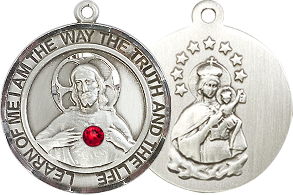 Sterling Silver Scapular - Ruby Stone Medal with a 3mm Ruby Swarovski stone