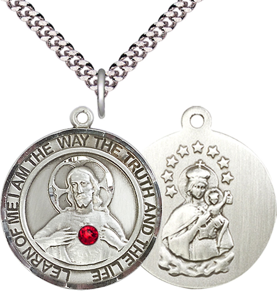 Sterling Silver Scapular - Ruby Stone Pendant with a 3mm Ruby Swarovski stone on a 24 inch Light Rhodium Heavy Curb chain