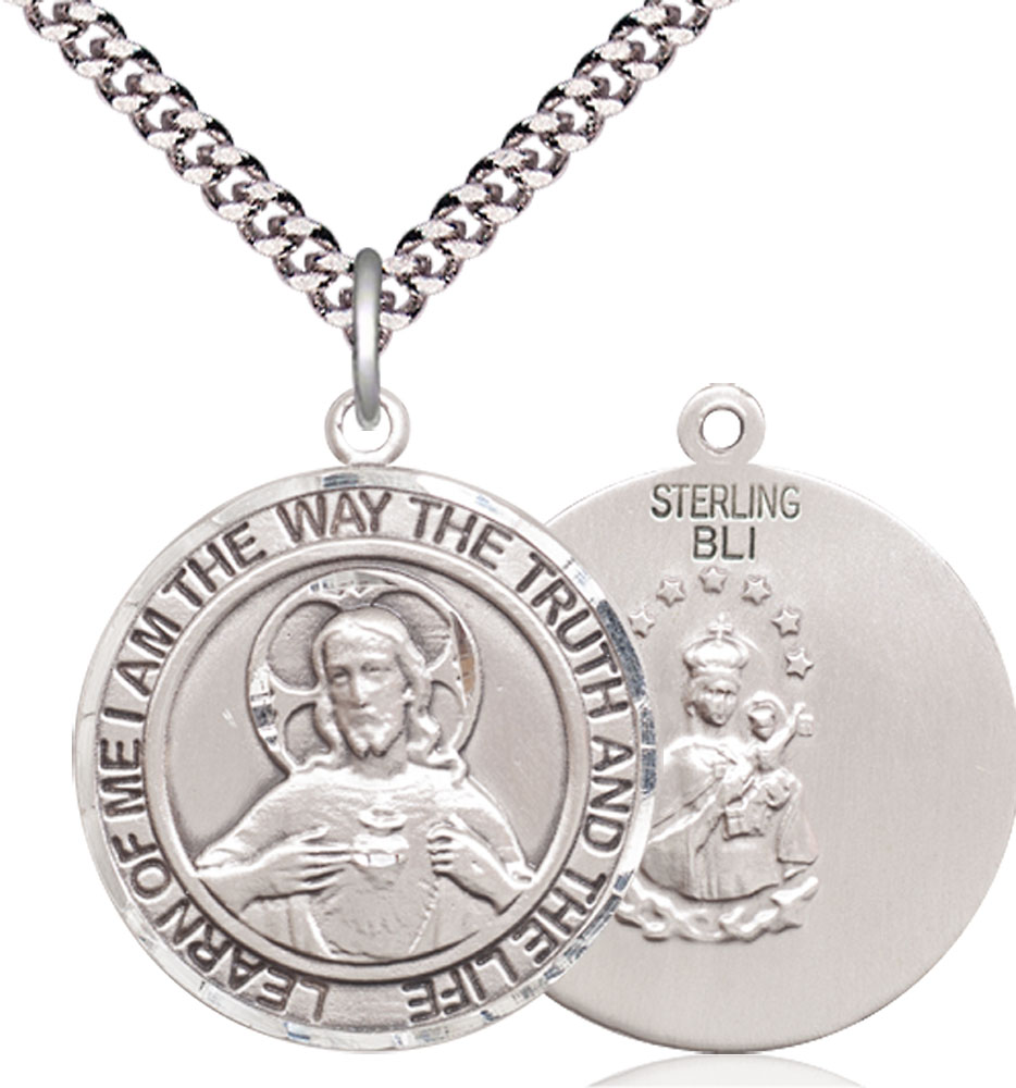 Sterling Silver Scapular Pendant on a 24 inch Light Rhodium Heavy Curb chain