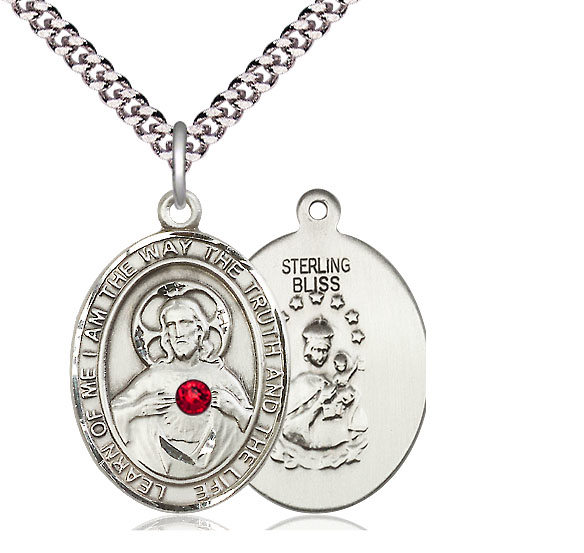 Sterling Silver Scapular - Ruby Stone Pendant with a 3mm Ruby Swarovski stone on a 24 inch Light Rhodium Heavy Curb chain