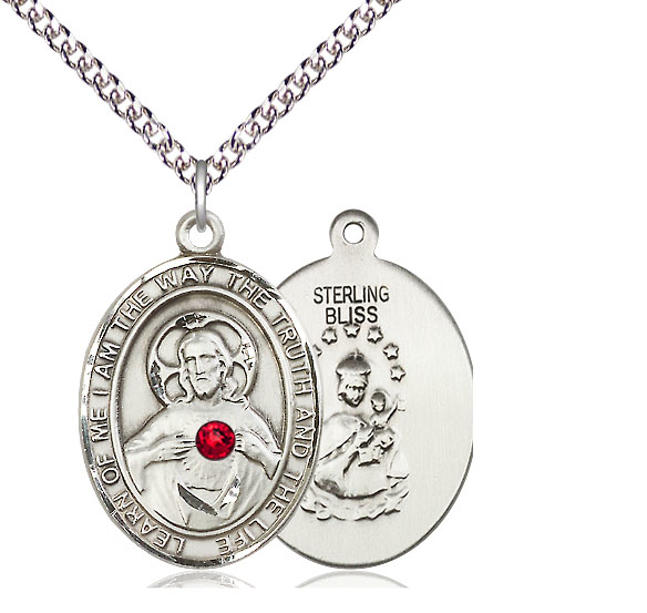 Sterling Silver Scapular - Ruby Stone Pendant with a 3mm Ruby Swarovski stone on a 24 inch Sterling Silver Heavy Curb chain