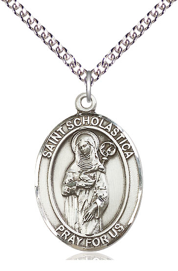 Sterling Silver Saint Scholastica Pendant on a 24 inch Sterling Silver Heavy Curb chain