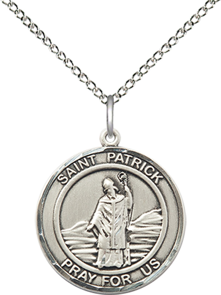 Sterling Silver Saint Patrick Pendant on a 18 inch Sterling Silver Light Curb chain