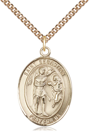 14kt Gold Filled Saint Sebastian Pendant on a 24 inch Gold Filled Heavy Curb chain