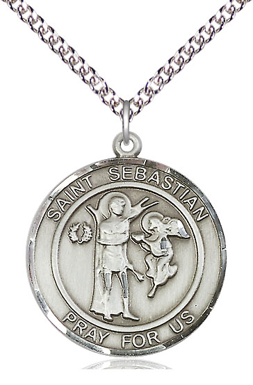 Sterling Silver Saint Sebastian Pendant on a 24 inch Sterling Silver Heavy Curb chain