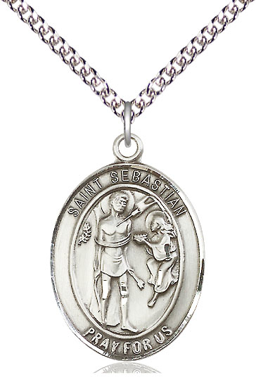 Sterling Silver Saint Sebastian Pendant on a 24 inch Sterling Silver Heavy Curb chain