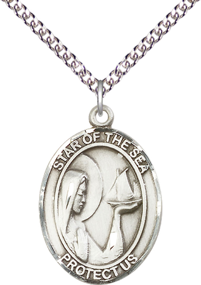 Sterling Silver Our Lady Star of the Sea Pendant on a 24 inch Sterling Silver Heavy Curb chain