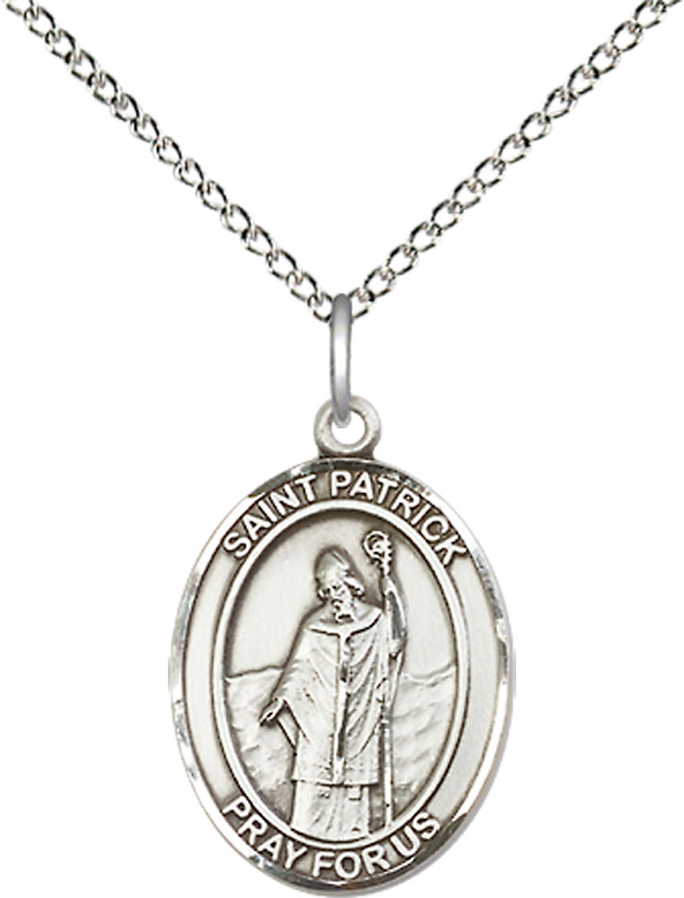 Sterling Silver Saint Patrick Pendant on a 18 inch Sterling Silver Light Curb chain