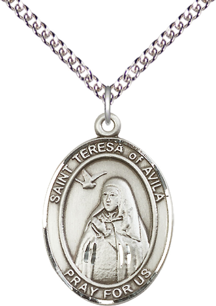 Sterling Silver Saint Teresa of Avila Pendant on a 24 inch Sterling Silver Heavy Curb chain