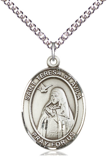 Sterling Silver Saint Teresa of Avila Pendant on a 24 inch Sterling Silver Heavy Curb chain