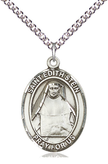 Sterling Silver Saint Edith Stein Pendant on a 24 inch Sterling Silver Heavy Curb chain