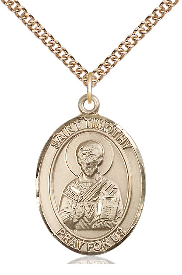 14kt Gold Filled Saint Timothy Pendant on a 24 inch Gold Filled Heavy Curb chain