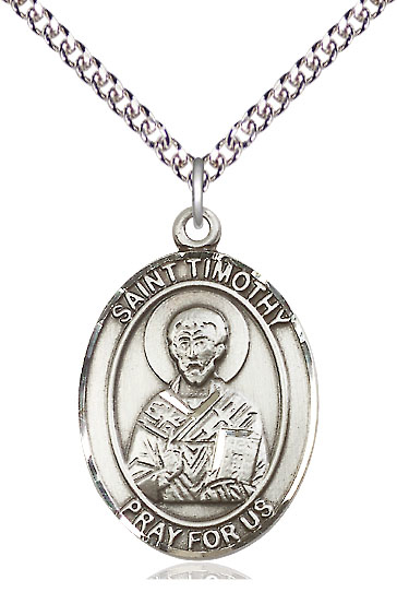 Sterling Silver Saint Timothy Pendant on a 24 inch Sterling Silver Heavy Curb chain