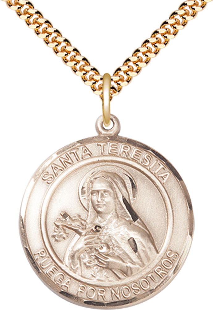 14kt Gold Filled Santa Teresita Pendant on a 24 inch Gold Filled Heavy Curb chain