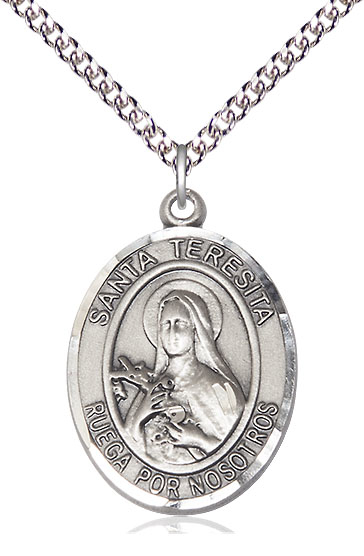 Sterling Silver Santa Teresita Pendant on a 24 inch Sterling Silver Heavy Curb chain