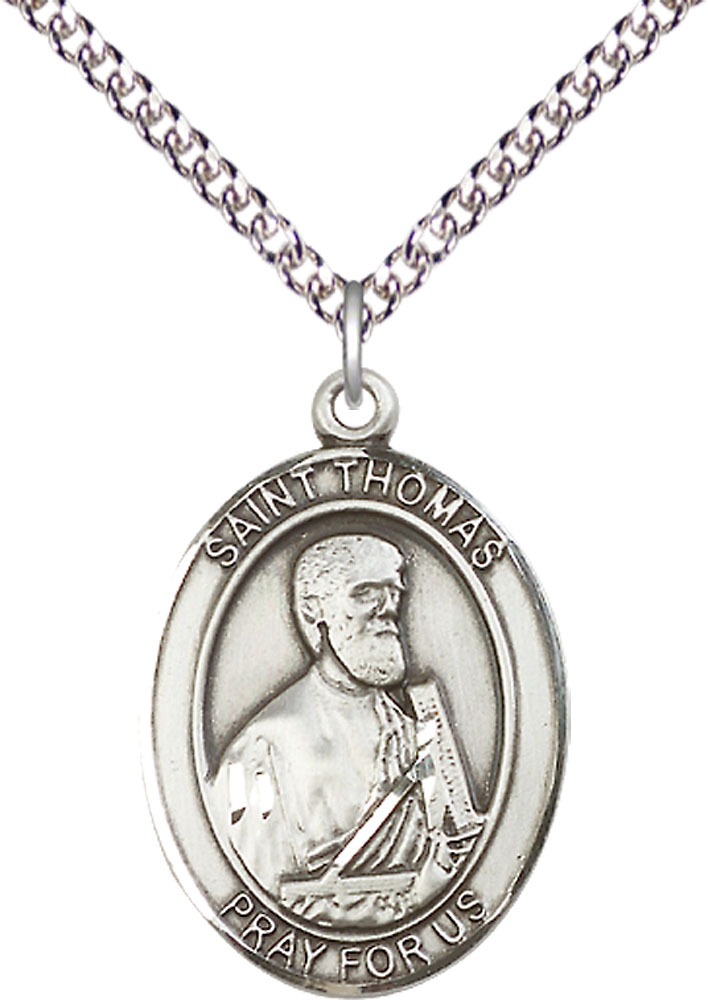 Sterling Silver Saint Thomas the Apostle Pendant on a 24 inch Sterling Silver Heavy Curb chain