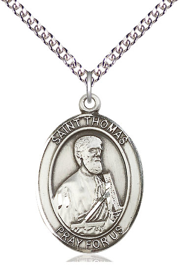 Sterling Silver Saint Thomas the Apostle Pendant on a 24 inch Sterling Silver Heavy Curb chain