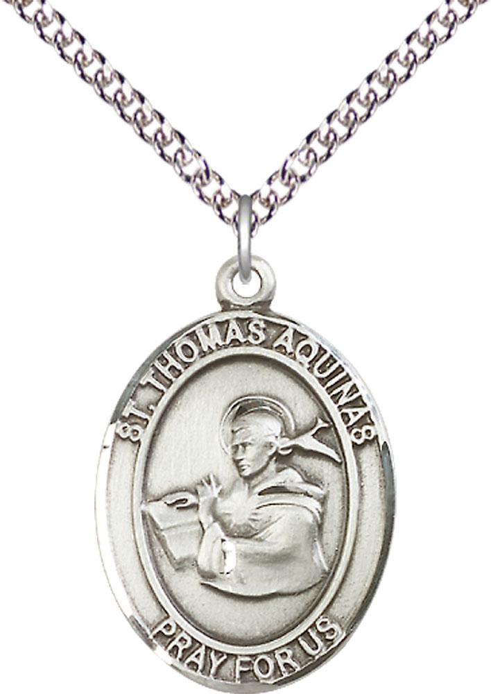 Sterling Silver Saint Thomas Aquinas Pendant on a 24 inch Sterling Silver Heavy Curb chain