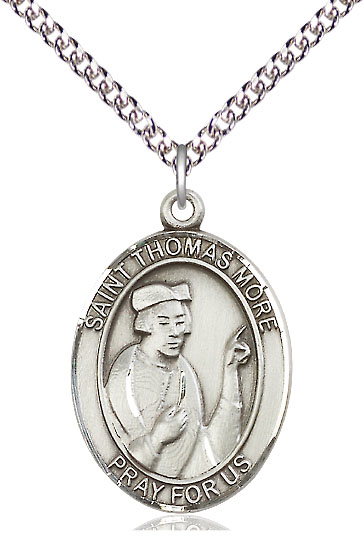 Sterling Silver Saint Thomas More Pendant on a 24 inch Sterling Silver Heavy Curb chain