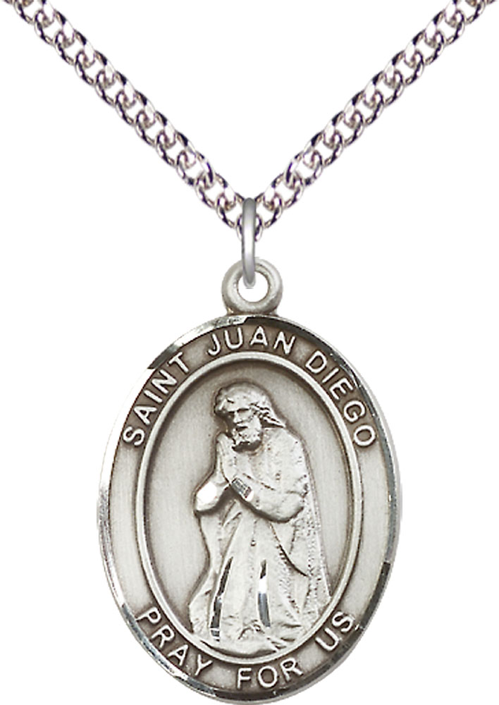 Sterling Silver Saint Juan Diego Pendant on a 24 inch Sterling Silver Heavy Curb chain