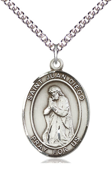 Sterling Silver Saint Juan Diego Pendant on a 24 inch Sterling Silver Heavy Curb chain
