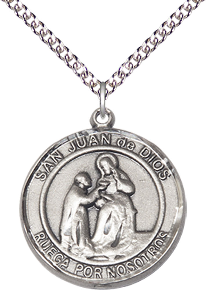 Sterling Silver San Juan de Dios Pendant on a 24 inch Sterling Silver Heavy Curb chain