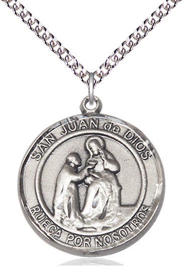Sterling Silver San Juan de Dios Pendant on a 24 inch Sterling Silver Heavy Curb chain