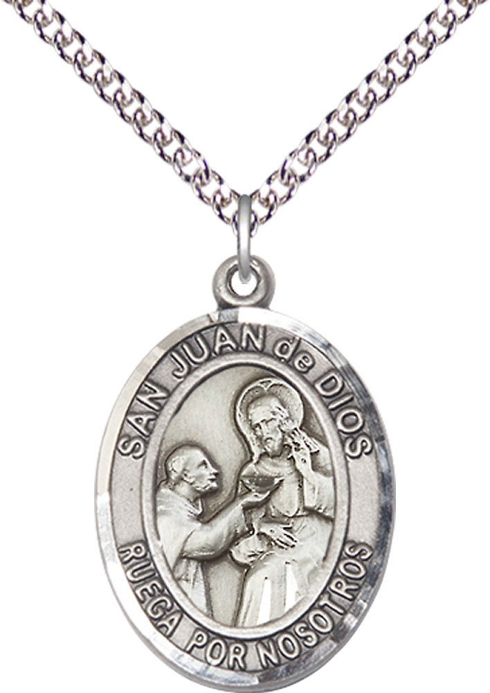 Sterling Silver San Juan de Dios Pendant on a 24 inch Sterling Silver Heavy Curb chain
