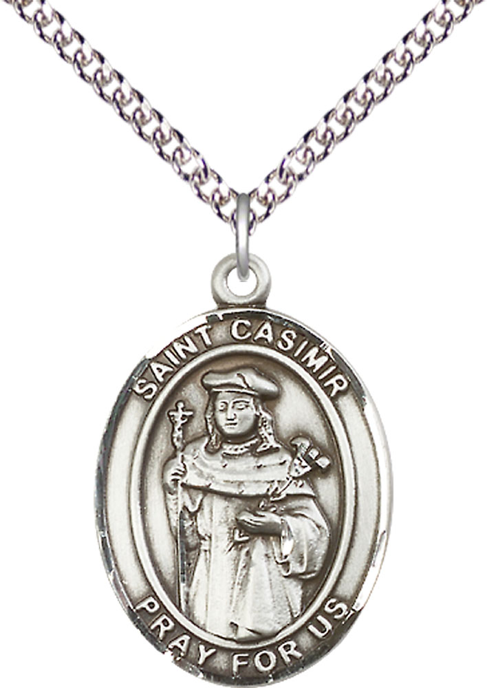 Sterling Silver Saint Casimir of Poland Pendant on a 24 inch Sterling Silver Heavy Curb chain