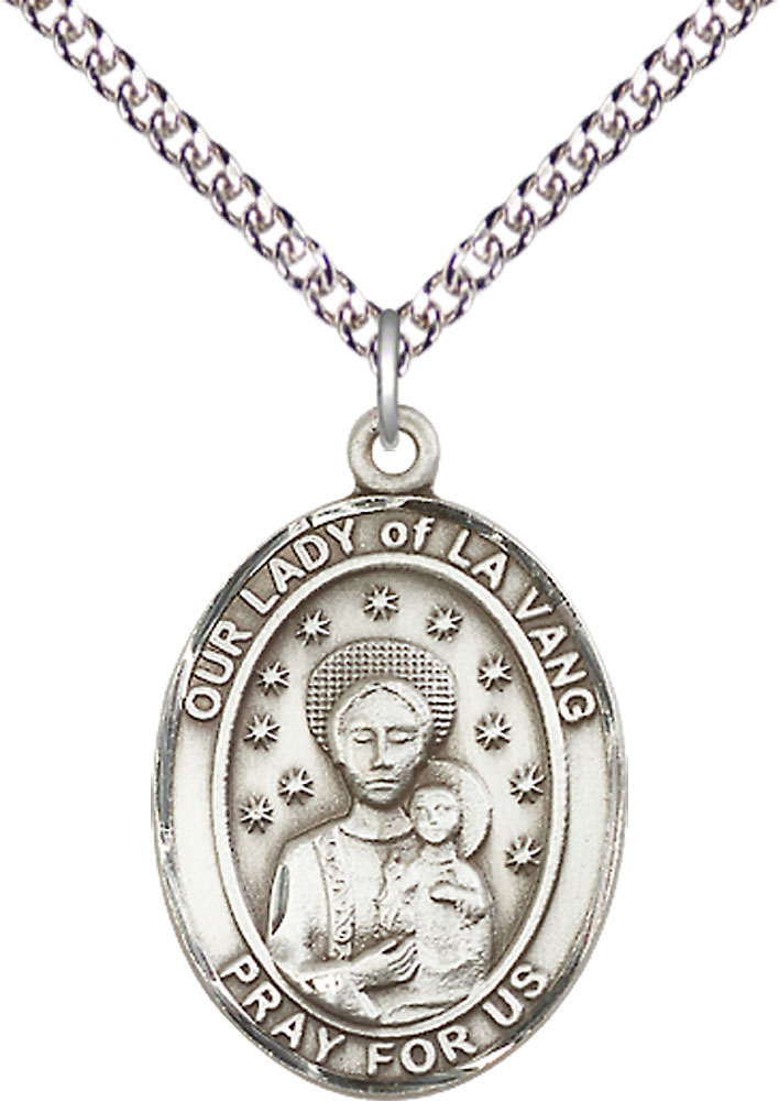 Sterling Silver Our Lady of la Vang Pendant on a 24 inch Sterling Silver Heavy Curb chain