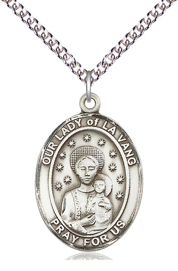 Sterling Silver Our Lady of la Vang Pendant on a 24 inch Sterling Silver Heavy Curb chain