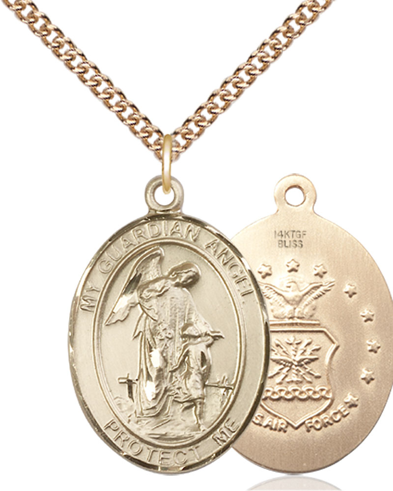 14kt Gold Filled Guardian Angel Air Force Pendant on a 24 inch Gold Filled Heavy Curb chain