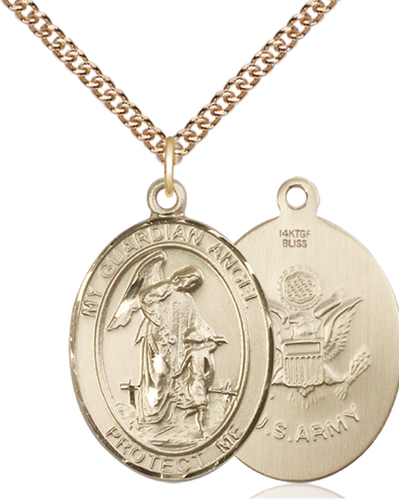 14kt Gold Filled Guardian Angel Army Pendant on a 24 inch Gold Filled Heavy Curb chain