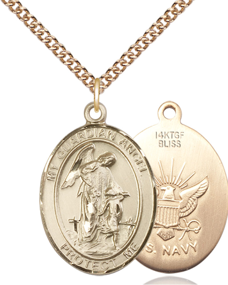14kt Gold Filled Guardian Angel Navy Pendant on a 24 inch Gold Filled Heavy Curb chain