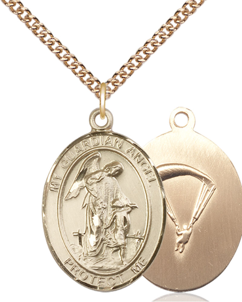 14kt Gold Filled Guardian Angel Paratrooper Pendant on a 24 inch Gold Filled Heavy Curb chain