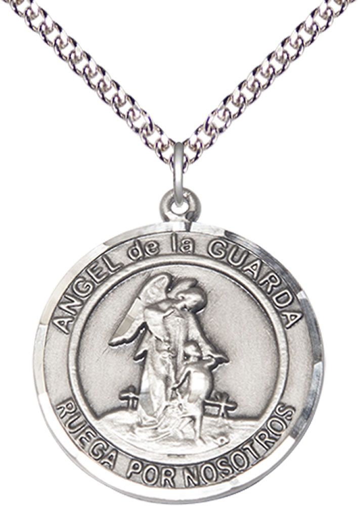 Sterling Silver Angel de la Guarda Pendant on a 24 inch Sterling Silver Heavy Curb chain