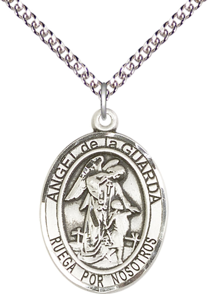 Sterling Silver Angel de la Guarda Pendant on a 24 inch Sterling Silver Heavy Curb chain